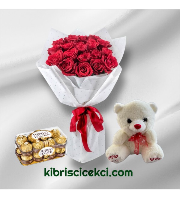 19 Kırmızı Gül Buketi 16'lı Ferrero Çikolata ve Ayıcık